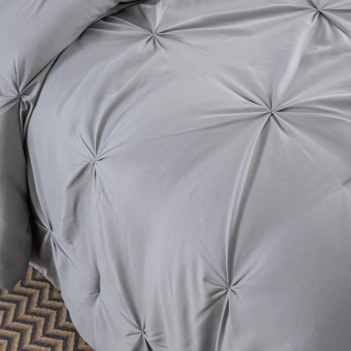 Pintuck Soft Luxury Fluffy Goose Down Alternative Solid Geometric Tufted Bedding Pinch Pleated Comforter Set, Grey