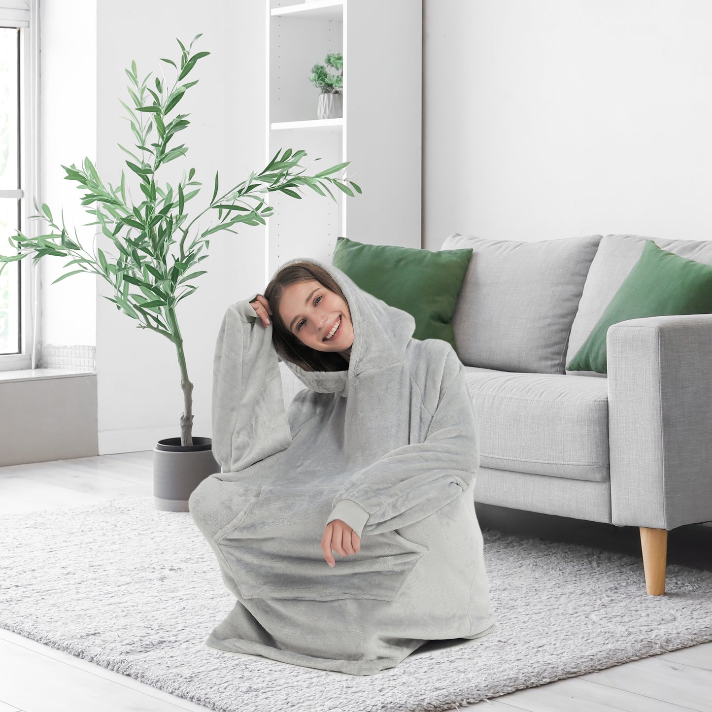 Wearable Hoodie Blanket with Sleeves and Giant Pocket Plush Hooded Sweatshirt for Adults Light Pink Color