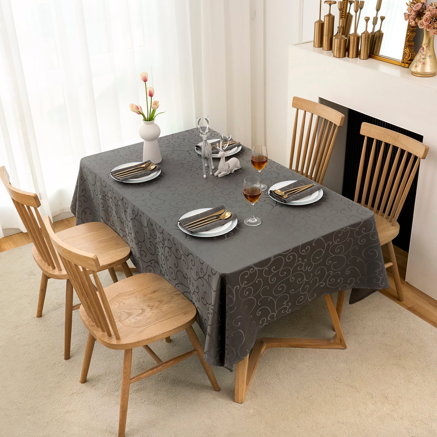 Jacquard Waterproof Thick Luxury Premium Solid Liquid Repellent Stain Resistant Decorative Home Kitchen Tablecloth, Charcoal Grey Color
