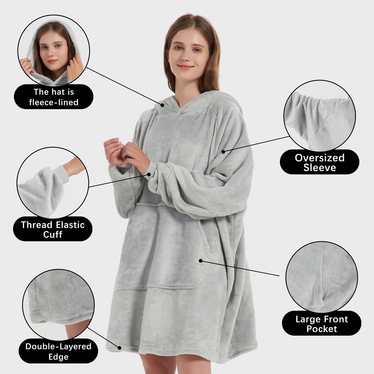 Wearable Hoodie Blanket with Sleeves and Giant Pocket Plush Hooded Sweatshirt for Adults Light Pink Color