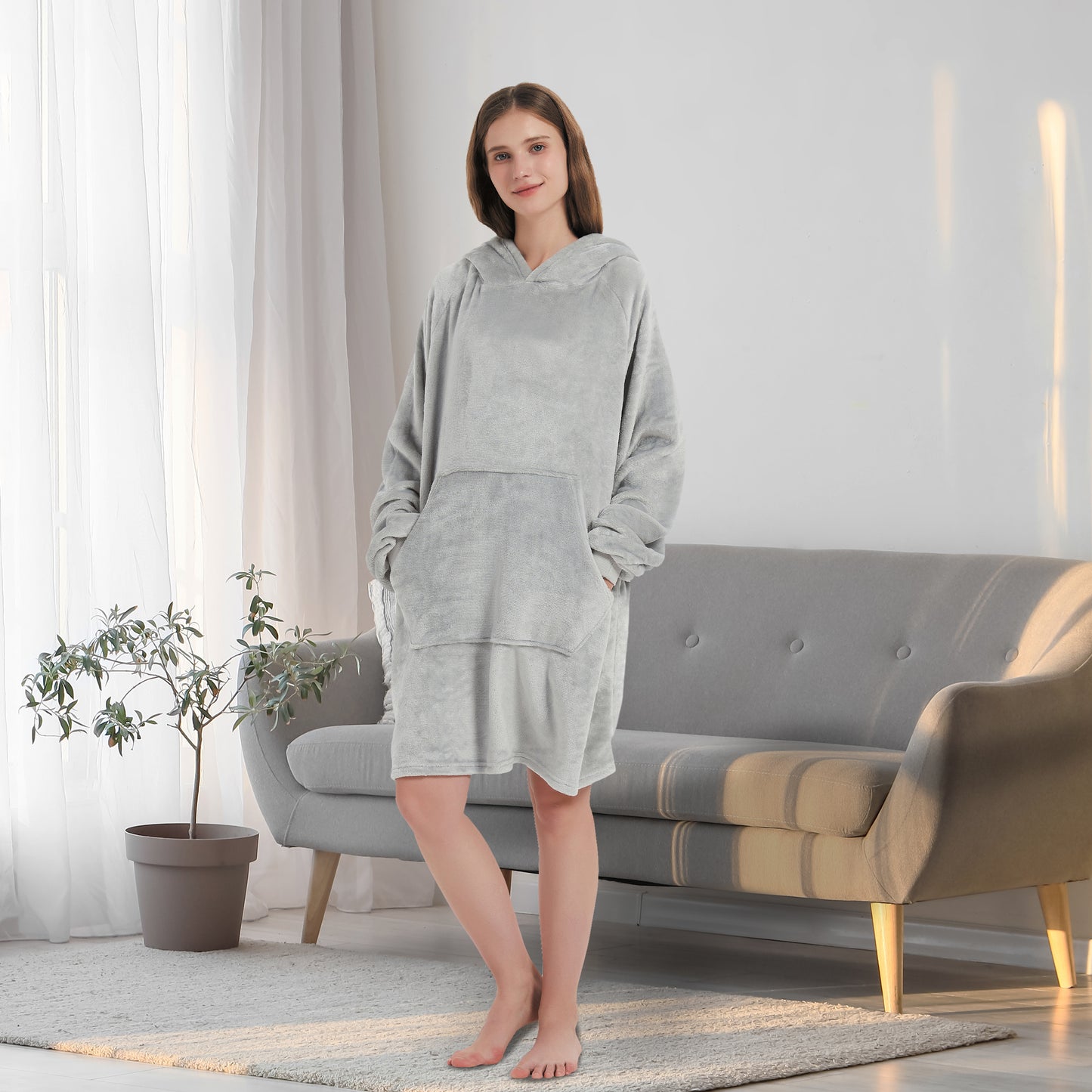 Wearable Hoodie Blanket with Sleeves and Giant Pocket Plush Hooded Sweatshirt for Adults Light Pink Color