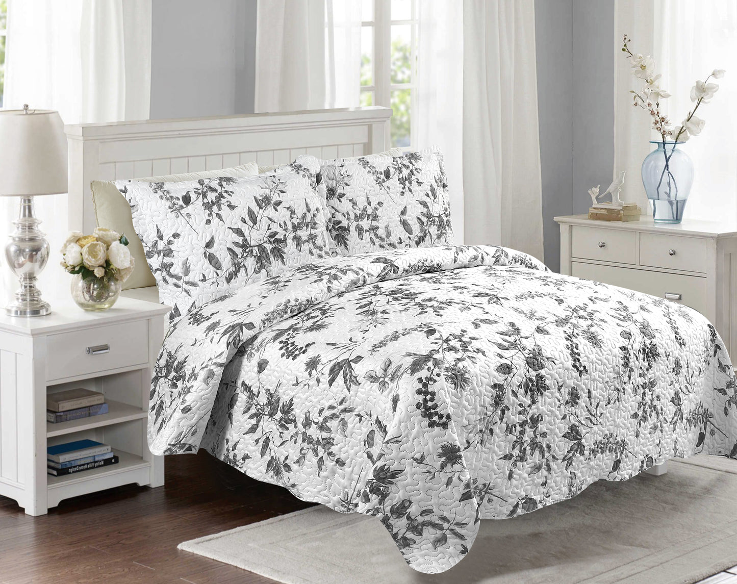 Printed Embossed Pinsonic Soft Bedding Summer Quilt Set, Grey Floral