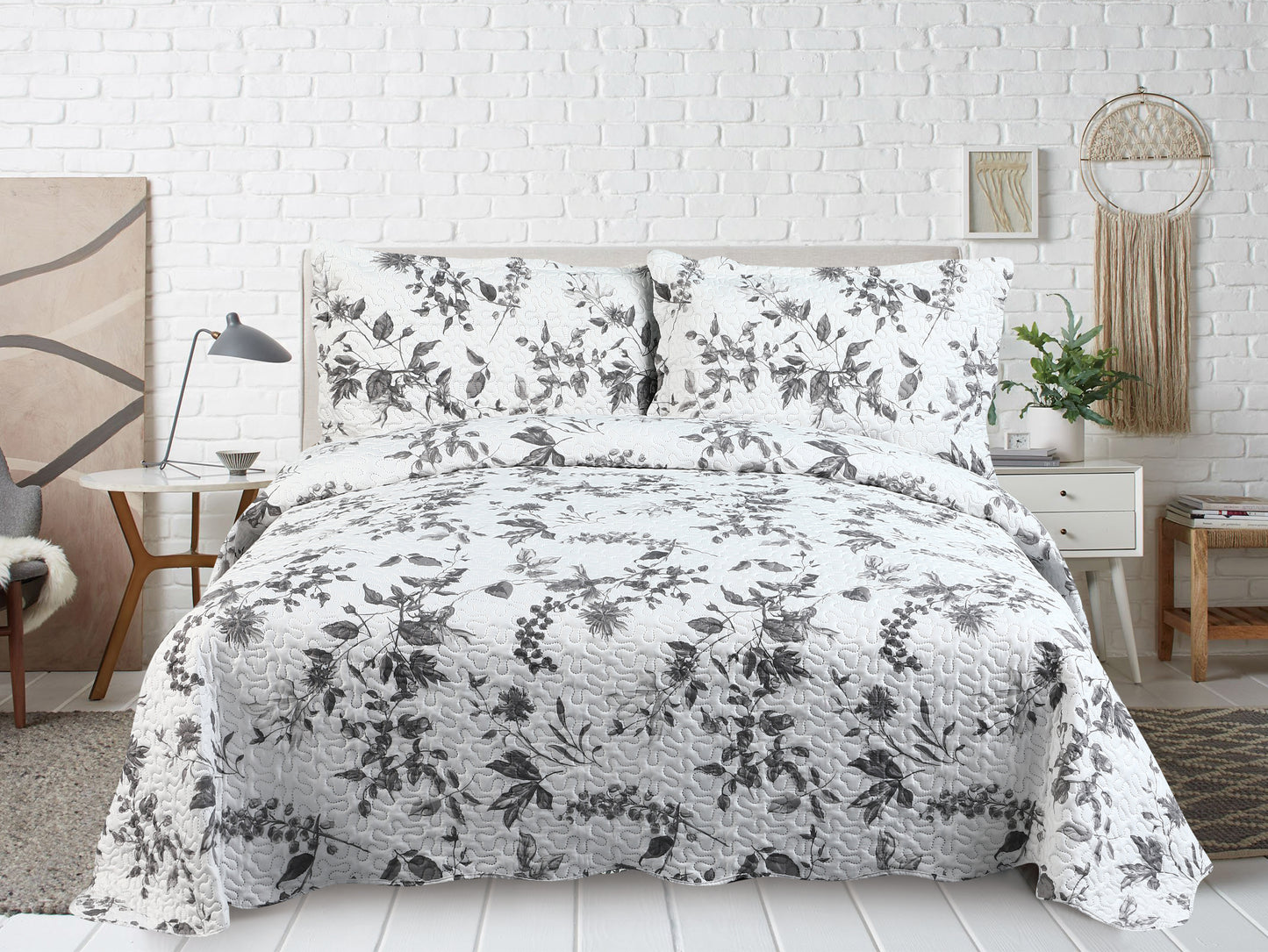 Printed Embossed Pinsonic Soft Bedding Summer Quilt Set, Grey Floral