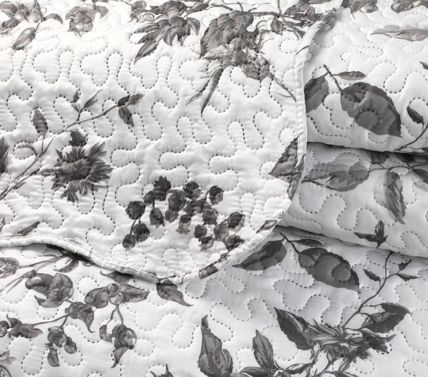 Printed Embossed Pinsonic Soft Bedding Summer Quilt Set, Grey Floral