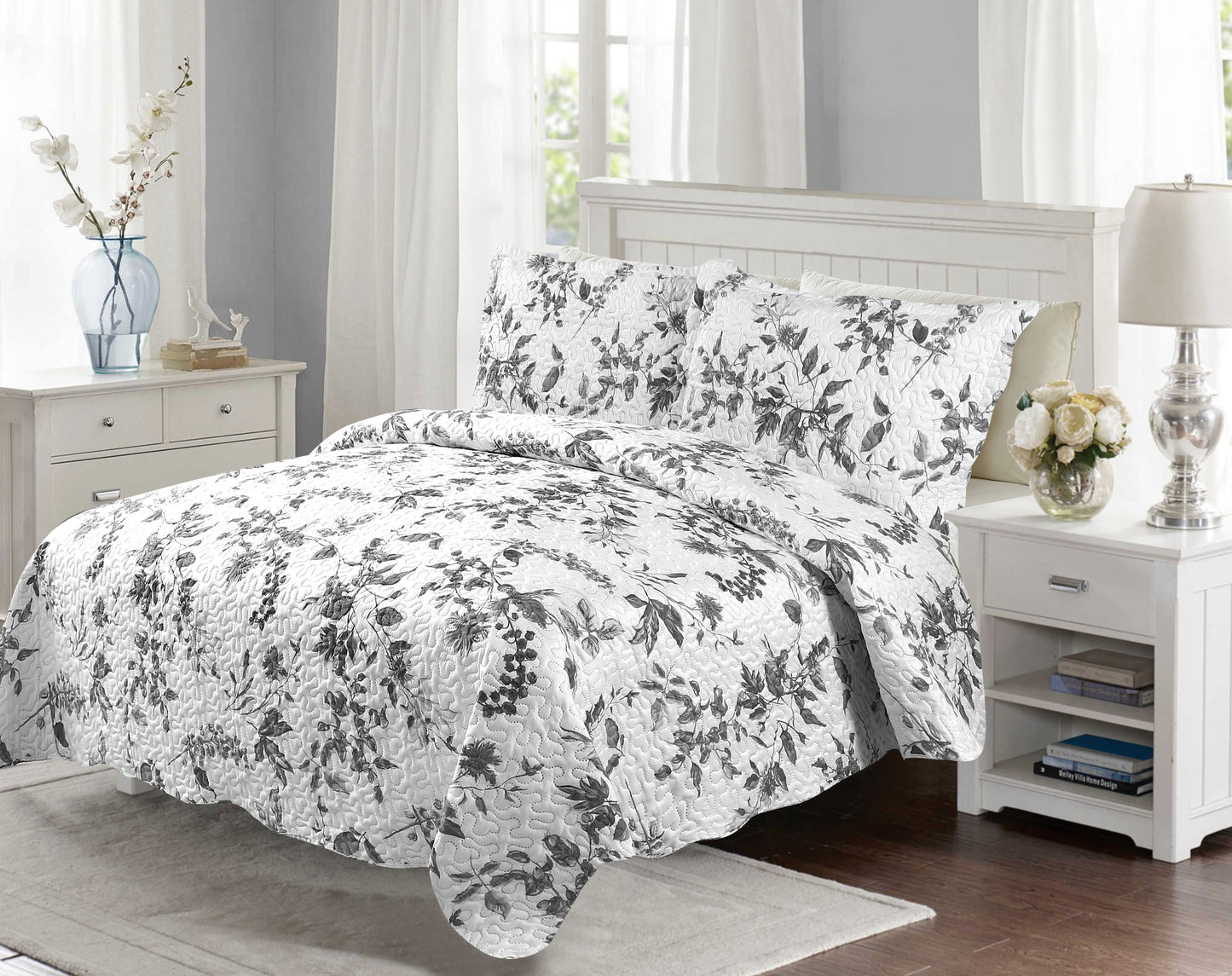 Printed Embossed Pinsonic Soft Bedding Summer Quilt Set, Grey Floral