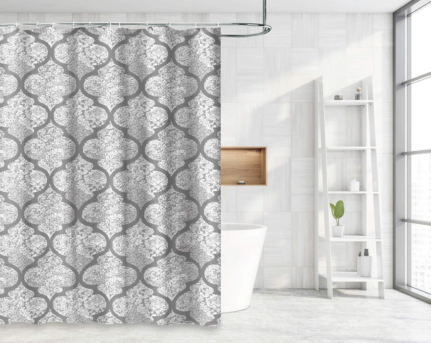 Waterproof Decor Printed Shower Curtain with Roller Hooks, Dark Taupe Floral Damask Pattern