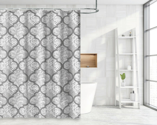 Waterproof Decor Printed Shower Curtain with Roller Hooks, Dark Taupe Floral Damask Pattern