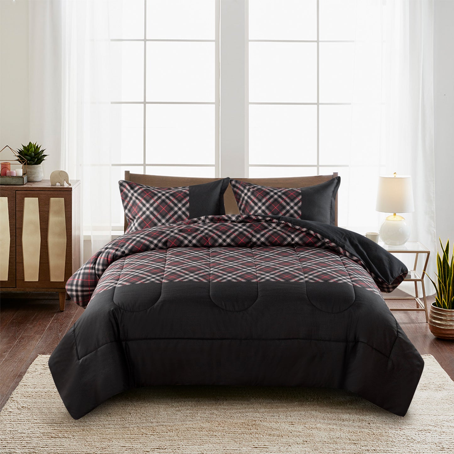 Home Decor Soft Luxury Fluffy Goose Down Alternative Bedding Printed Comforter Set, Modern Black Grey Geometric Plaid