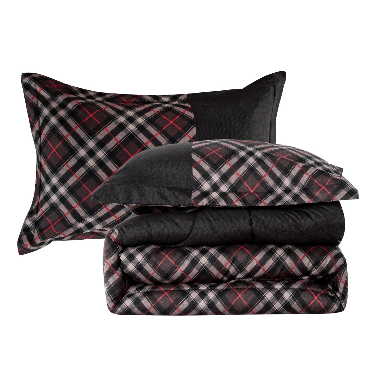 Home Decor Soft Luxury Fluffy Goose Down Alternative Bedding Printed Comforter Set, Modern Black Grey Geometric Plaid