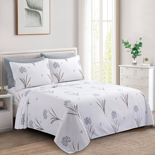 Printed Rayon from Bamboo Soft Deep Pocket Bedding All Season Sheet Set, Grey Hydrangea Floral