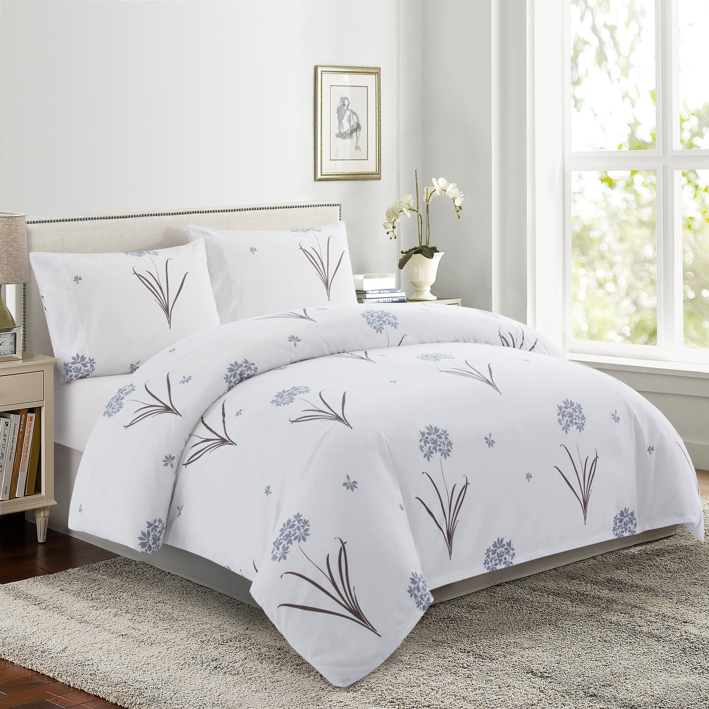 Printed Rayon from Bamboo Soft Bedding Silky Zipper All Season Duvet Cover Set, Grey Hydrangea Floral