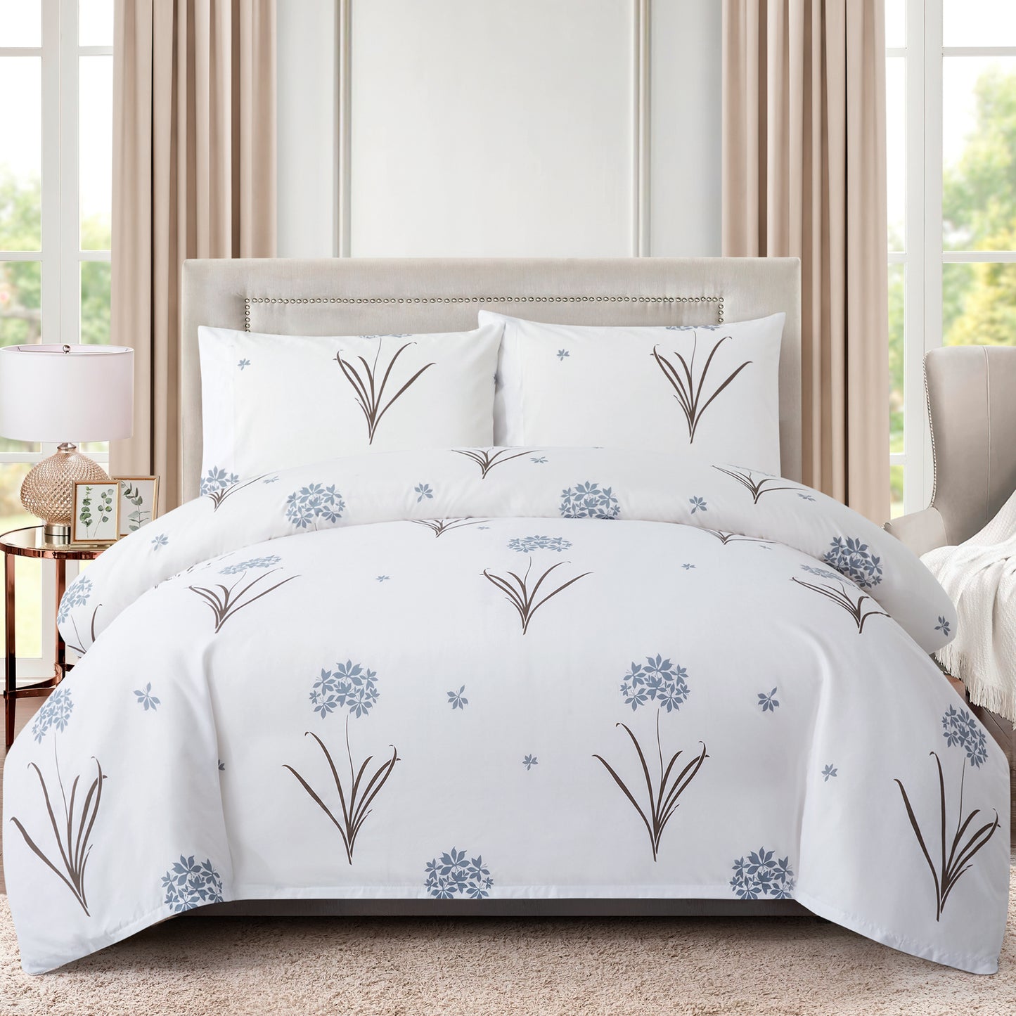 Printed Rayon from Bamboo Soft Bedding Silky Zipper All Season Duvet Cover Set, Grey Hydrangea Floral