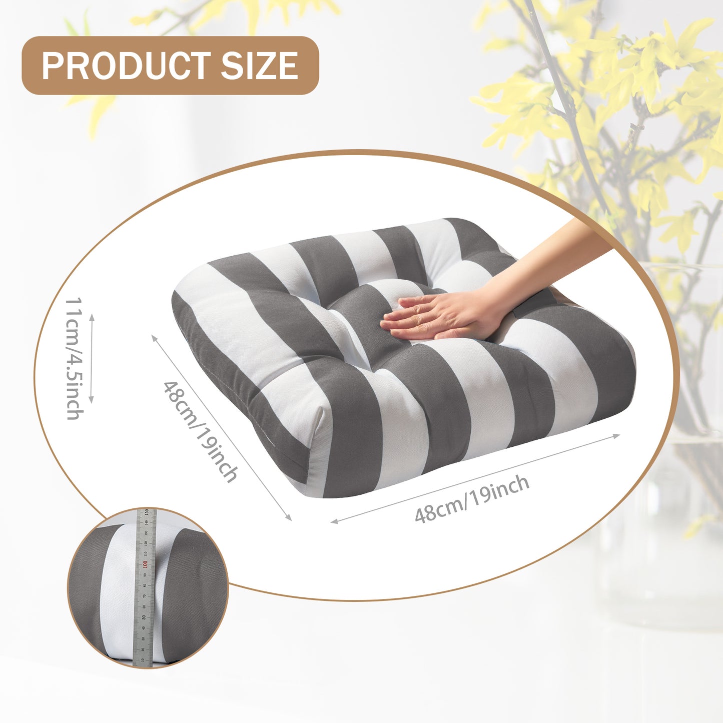 Premium Thick Comfy Seat Patio Pad Tufted Textured Printed Outdoor Chair Cushion 19 x 19 x 4 Inch, Grey White Stripes