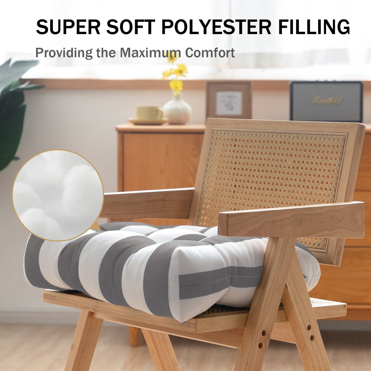 Premium Thick Comfy Seat Patio Pad Tufted Textured Printed Outdoor Chair Cushion 19 x 19 x 4 Inch, Grey White Stripes