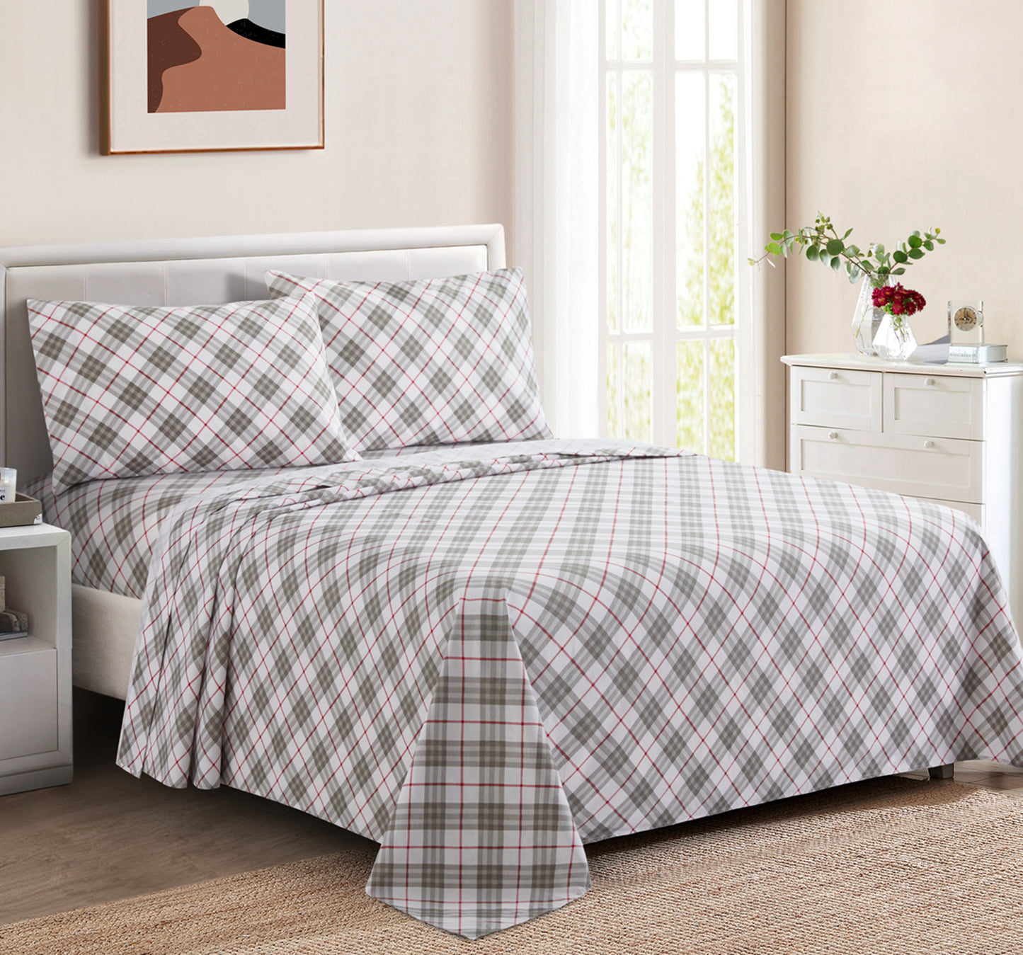 Printed Cotton Blend Percale 600 Thread Count Soft Deep Pocket All Season Bedding Sheet Set, Grey White Tartan Pattern