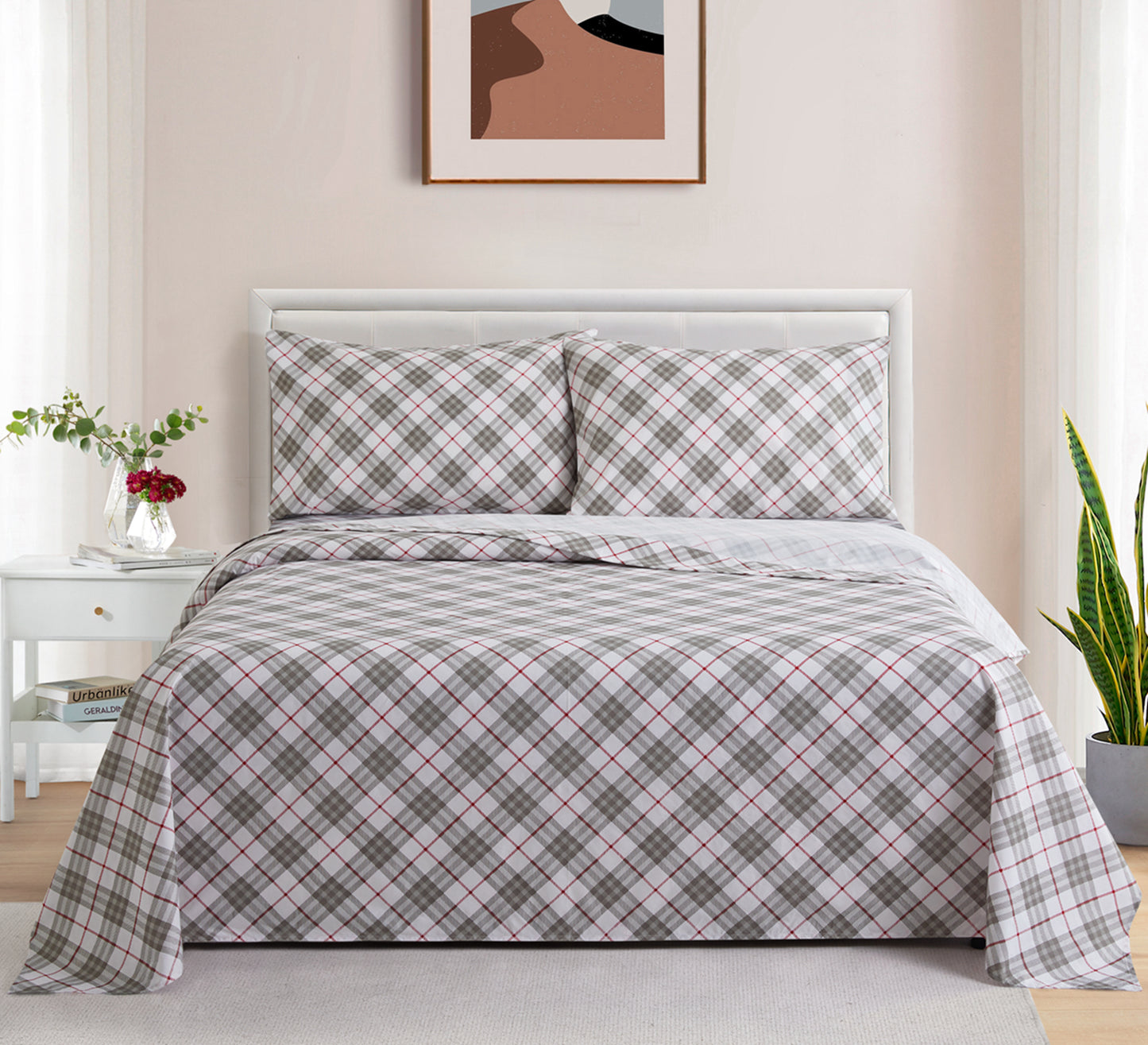 Printed Cotton Blend Percale 600 Thread Count Soft Deep Pocket All Season Bedding Sheet Set, Grey White Tartan Pattern