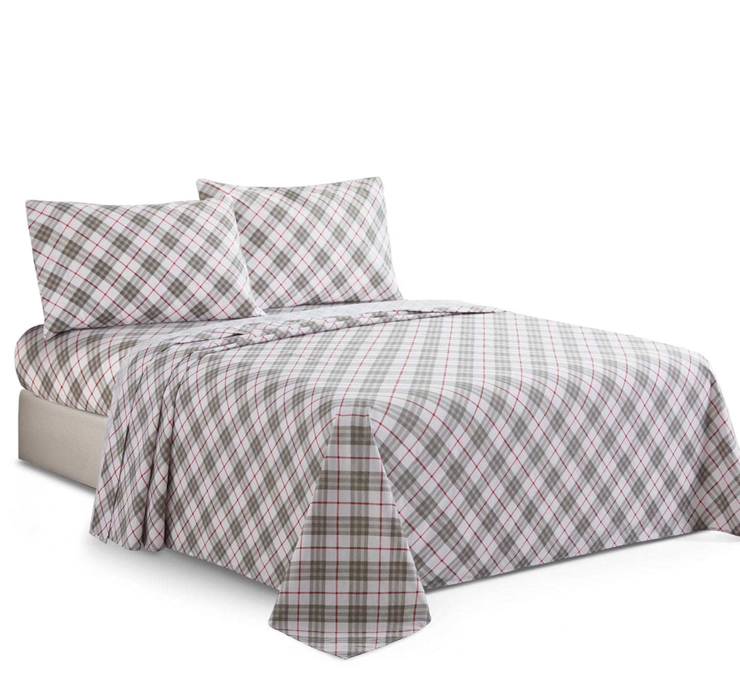 Printed Cotton Blend Percale 600 Thread Count Soft Deep Pocket All Season Bedding Sheet Set, Grey White Tartan Pattern