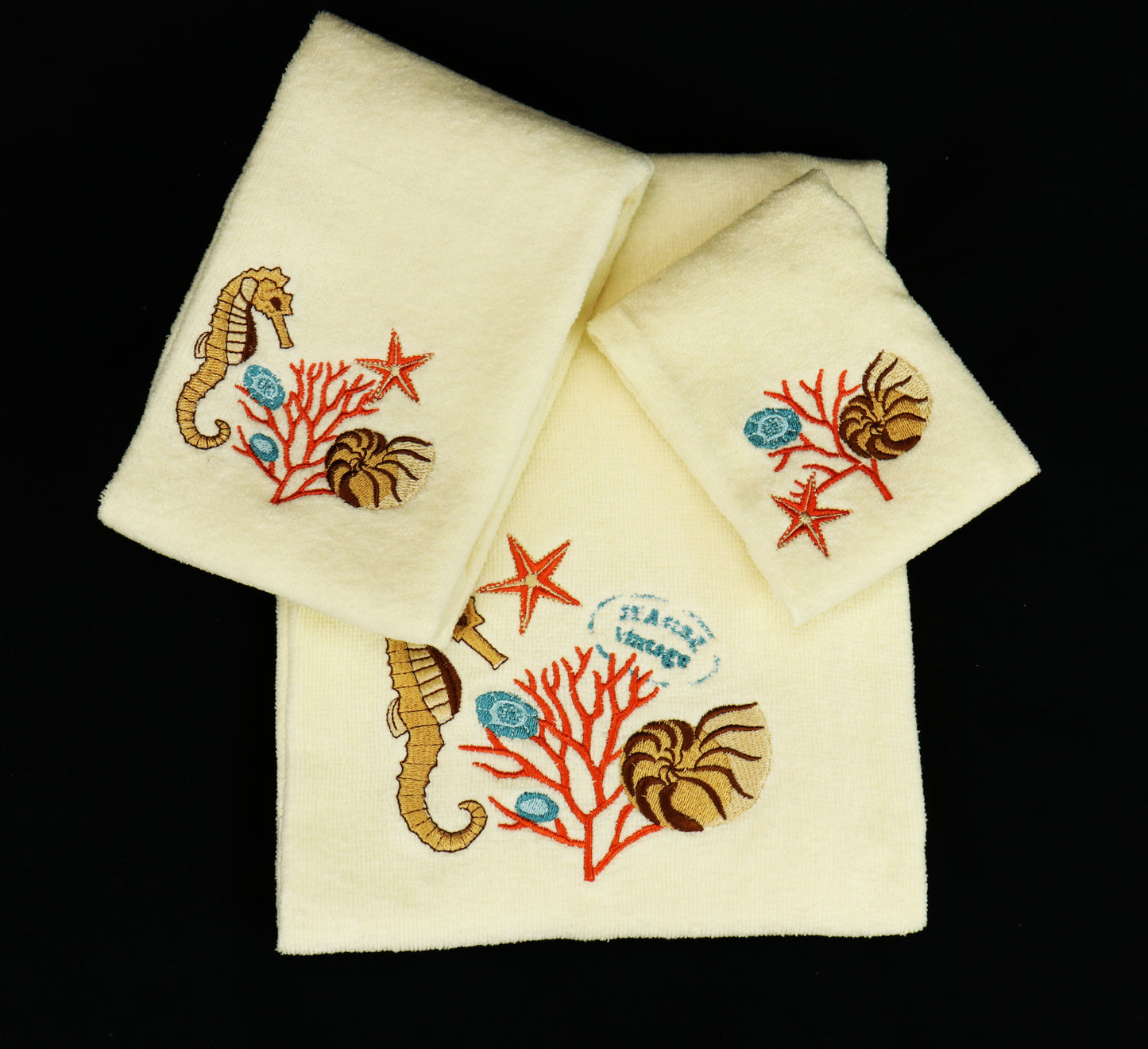Premium Luxury Decor 100% Cotton Soft Bathroom Modern Embroidered 3 Piece Towel Set, Ocean Life Pattern