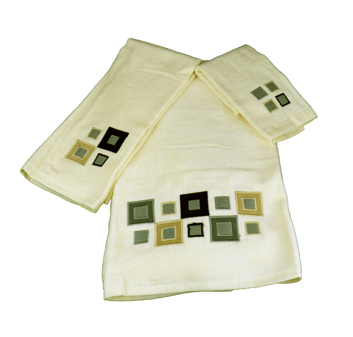Premium Luxury Decor 100% Cotton Soft Bathroom Modern Embroidered 3 Piece Towel Set, Ivory Squares Pattern