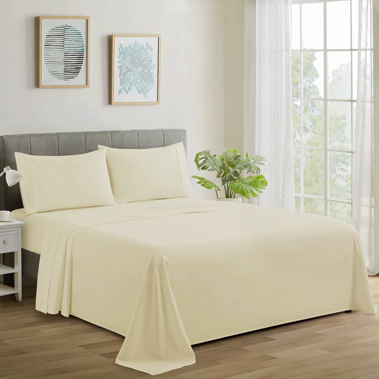600 Thread Count Cotton Percale Soft Deep Pocket Solid Bedding All Season Sheet Set, Ivory