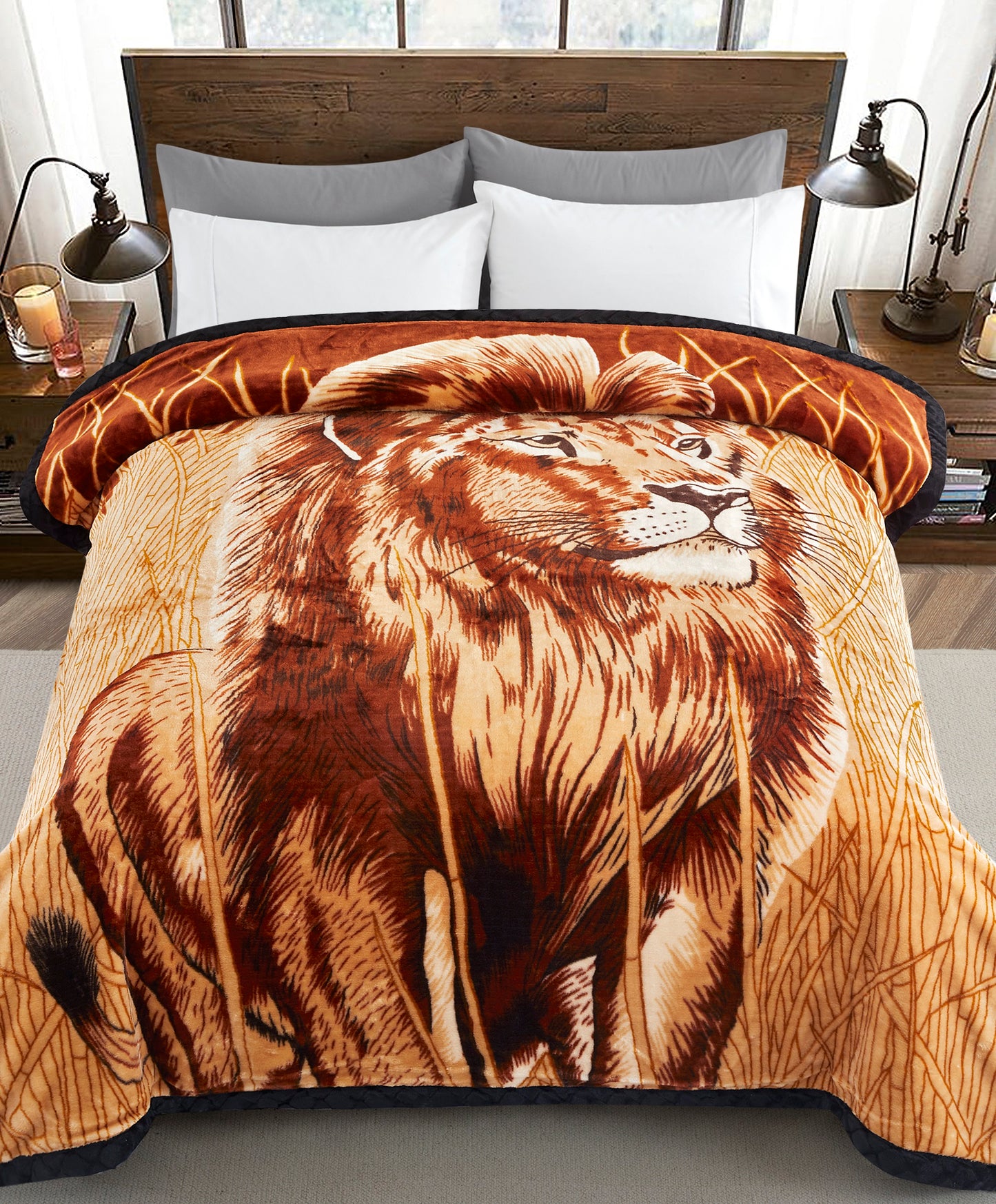 Printed Reversible Woven Fluffy Plush Soft Warm Korean Style 2 Ply Flannel Fleece Throw Animal Mink Blanket, 78" x 86" Leopard Lion