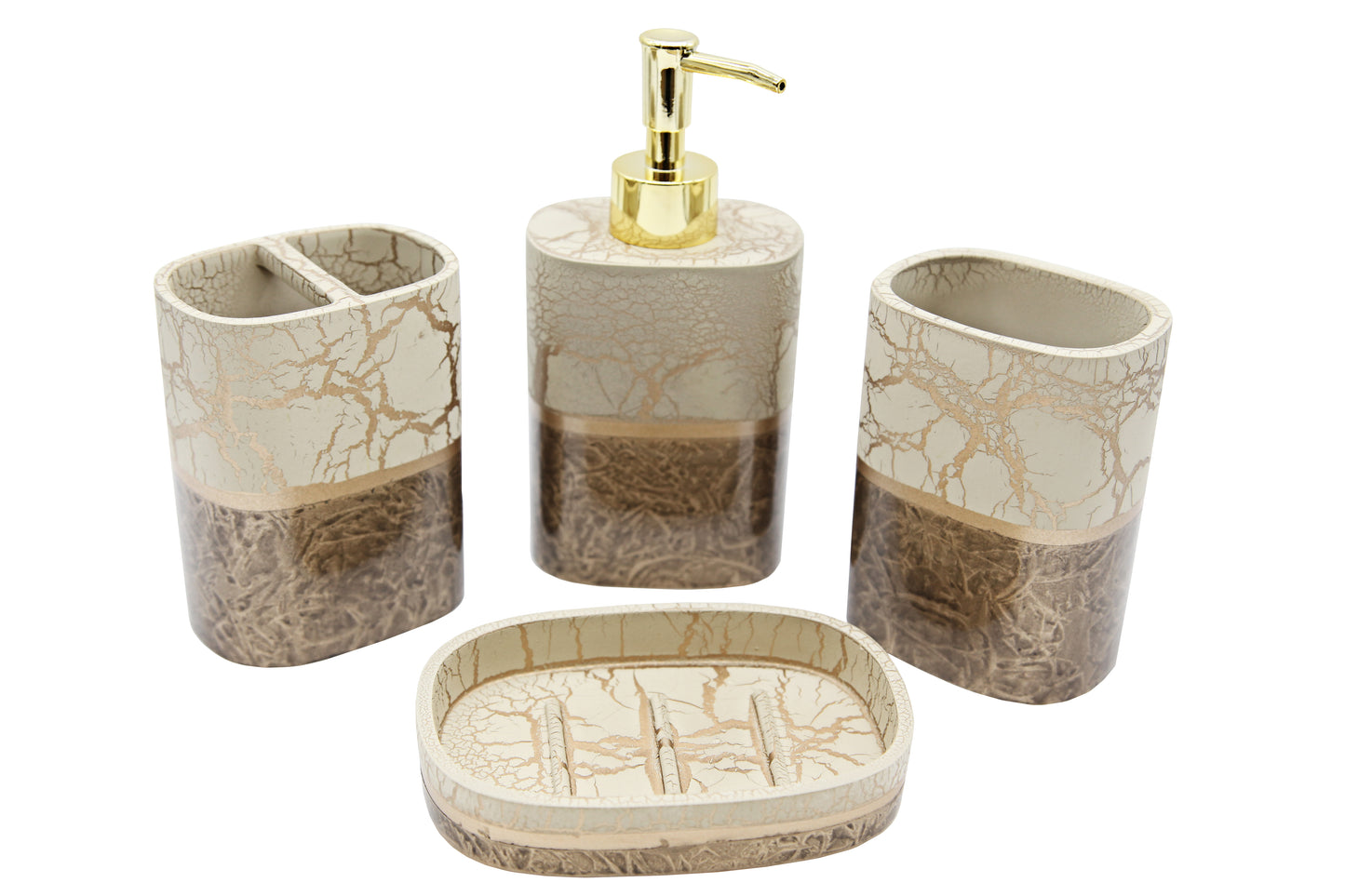 Modern Luxury Décor Bath Accessory Ensemble Bathroom Lotion Dispenser Toothbrush Holder Tumbler Soap Dish, Gold Taupe Branch