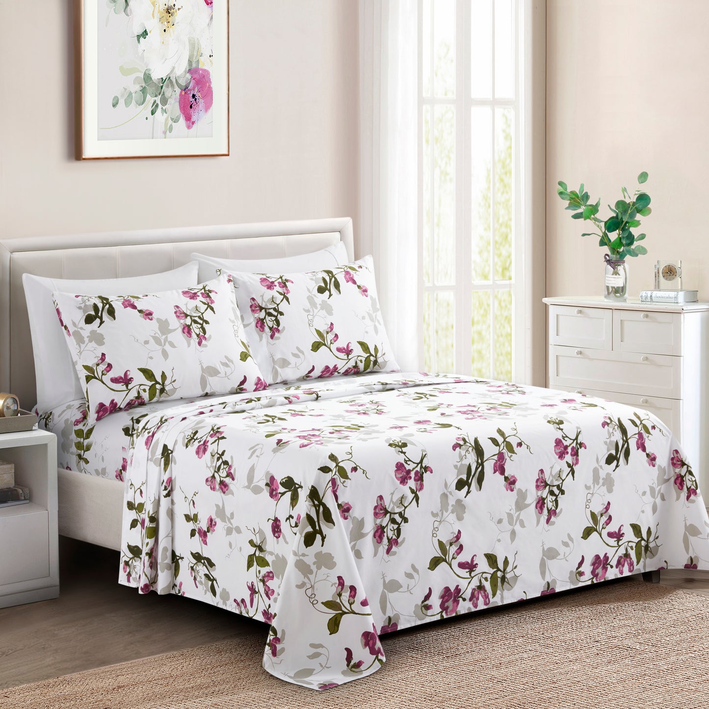 Printed Rayon from Bamboo Soft Deep Pocket Bedding All Season Sheet Set, Pink Light Floral