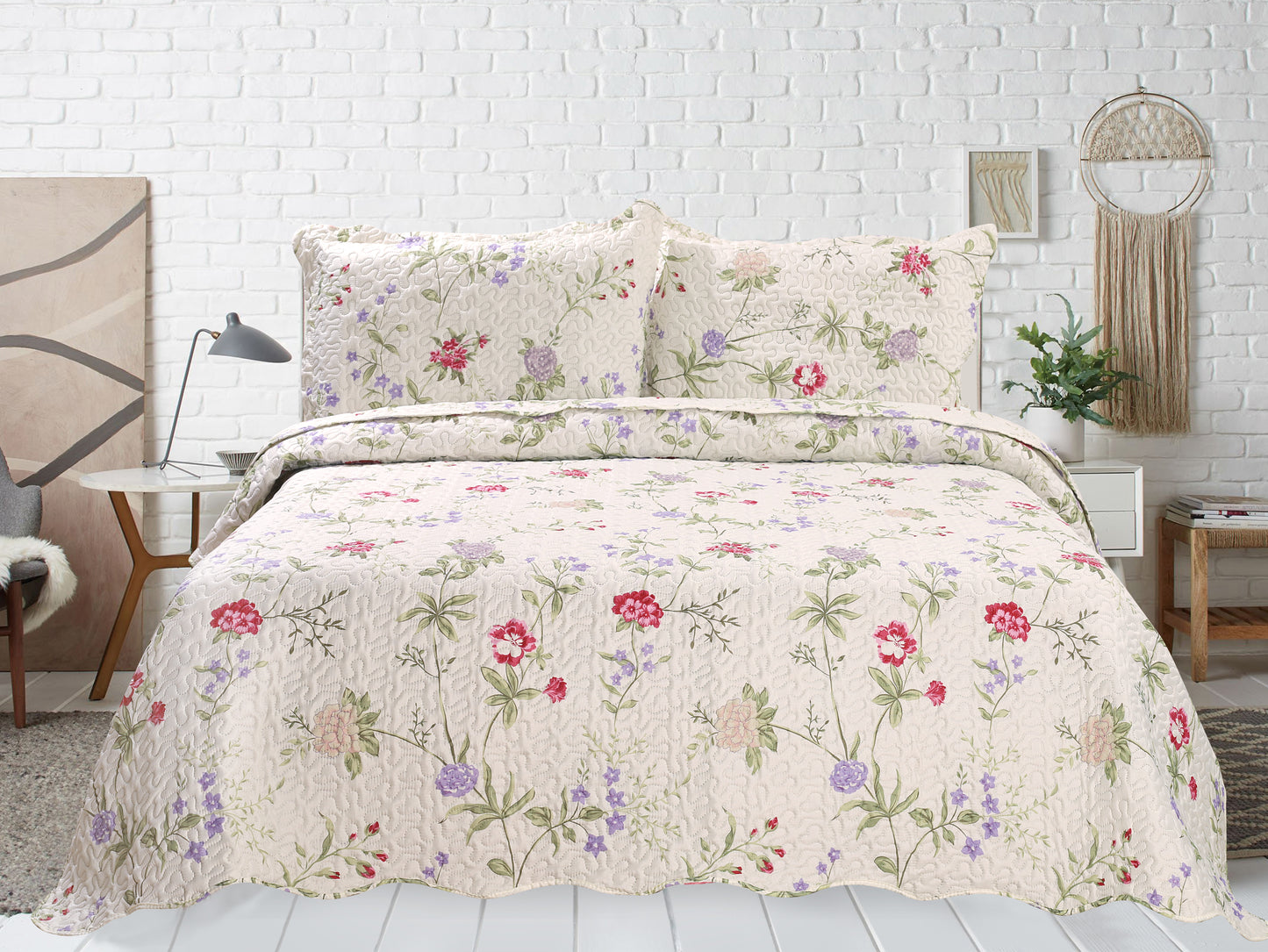 Printed Embossed Pinsonic Soft Bedding Summer Quilt Set, Light Floral