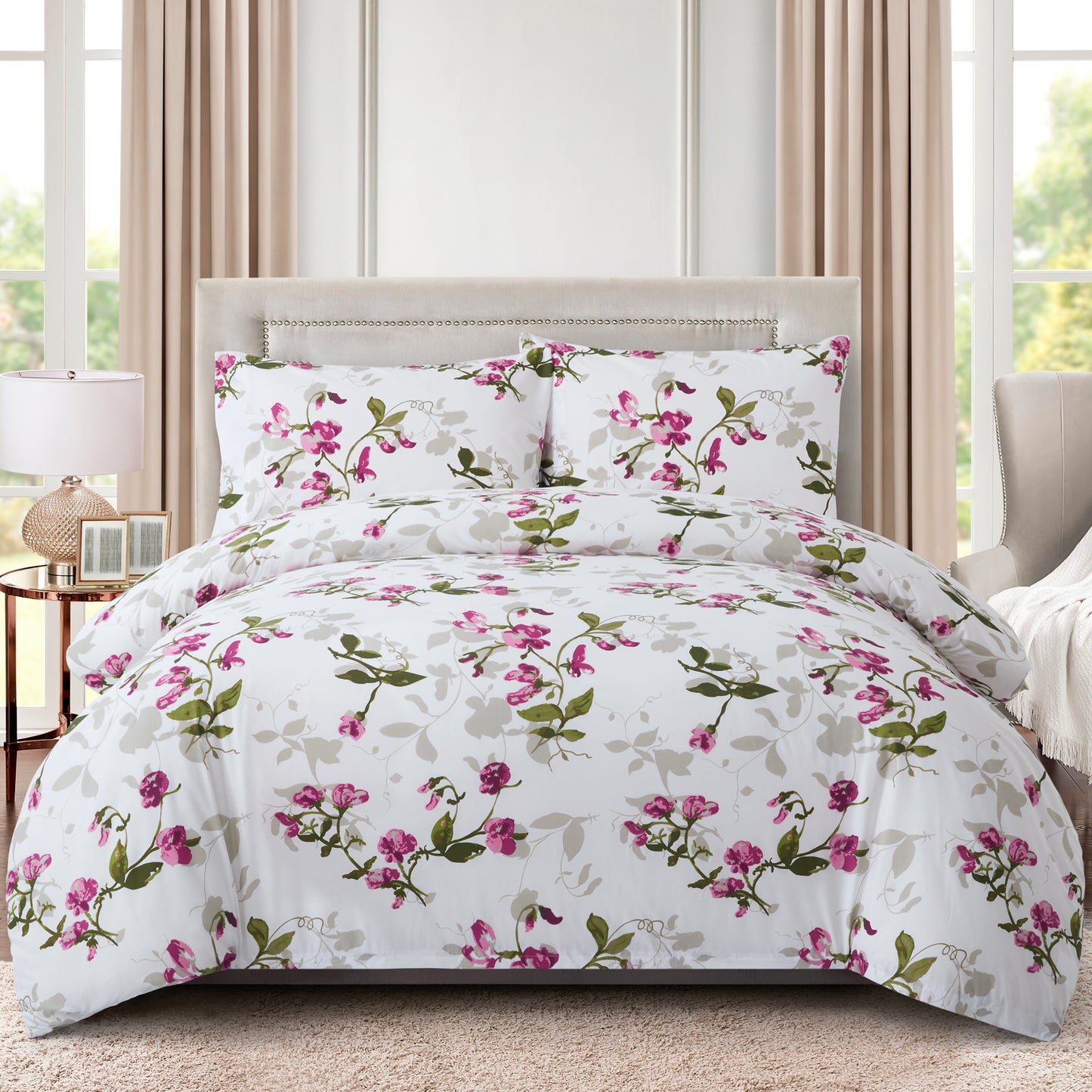 Printed Rayon from Bamboo Soft Bedding Silky Zipper All Season Duvet Cover Set, Pink Light Floral