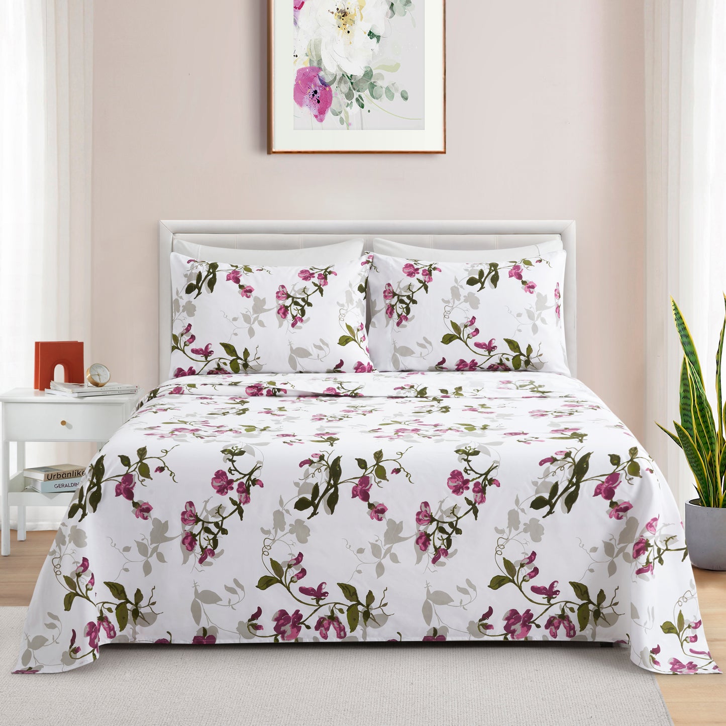 Printed Rayon from Bamboo Soft Deep Pocket Bedding All Season Sheet Set, Pink Light Floral