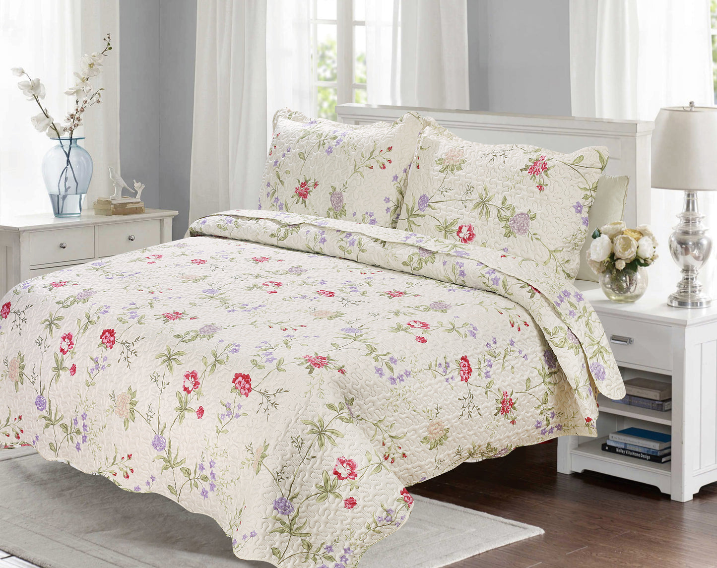 Printed Embossed Pinsonic Soft Bedding Summer Quilt Set, Light Floral
