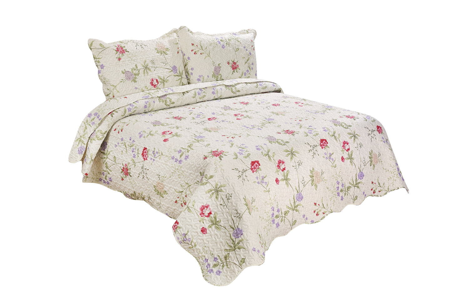 Printed Embossed Pinsonic Soft Bedding Summer Quilt Set, Light Floral
