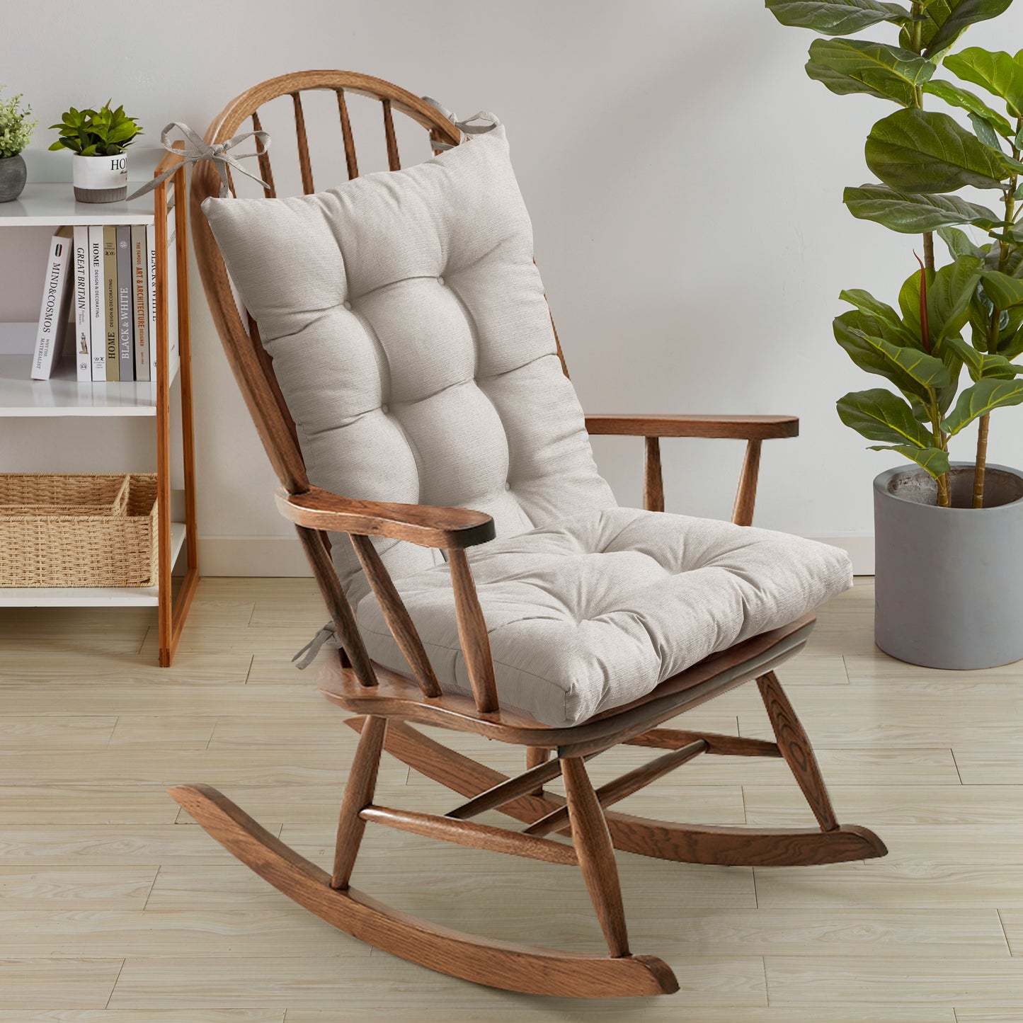 Rocking Chair Cushion Premium Comfortable Thick Nonslip Back Tufted High-Backed Lounger Seat Pads 2 Piece Set, Linen