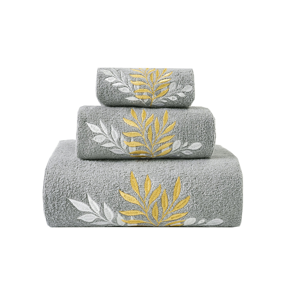 Premium Luxury Decor 100% Cotton Soft Bathroom Modern 3 Piece Embroidered Towel Set, Modern Leaves with Grey Base
