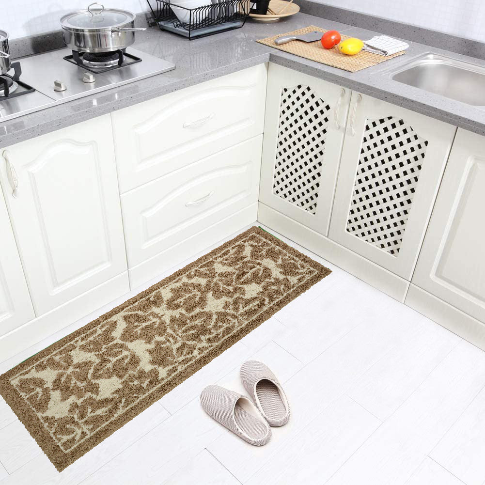 Decor Non-Slip Back Water Absorbent Soft Woven Runner Area Carpet Floor Mat Indoor Kitchen Rug, Taupe Maple Leaves Design