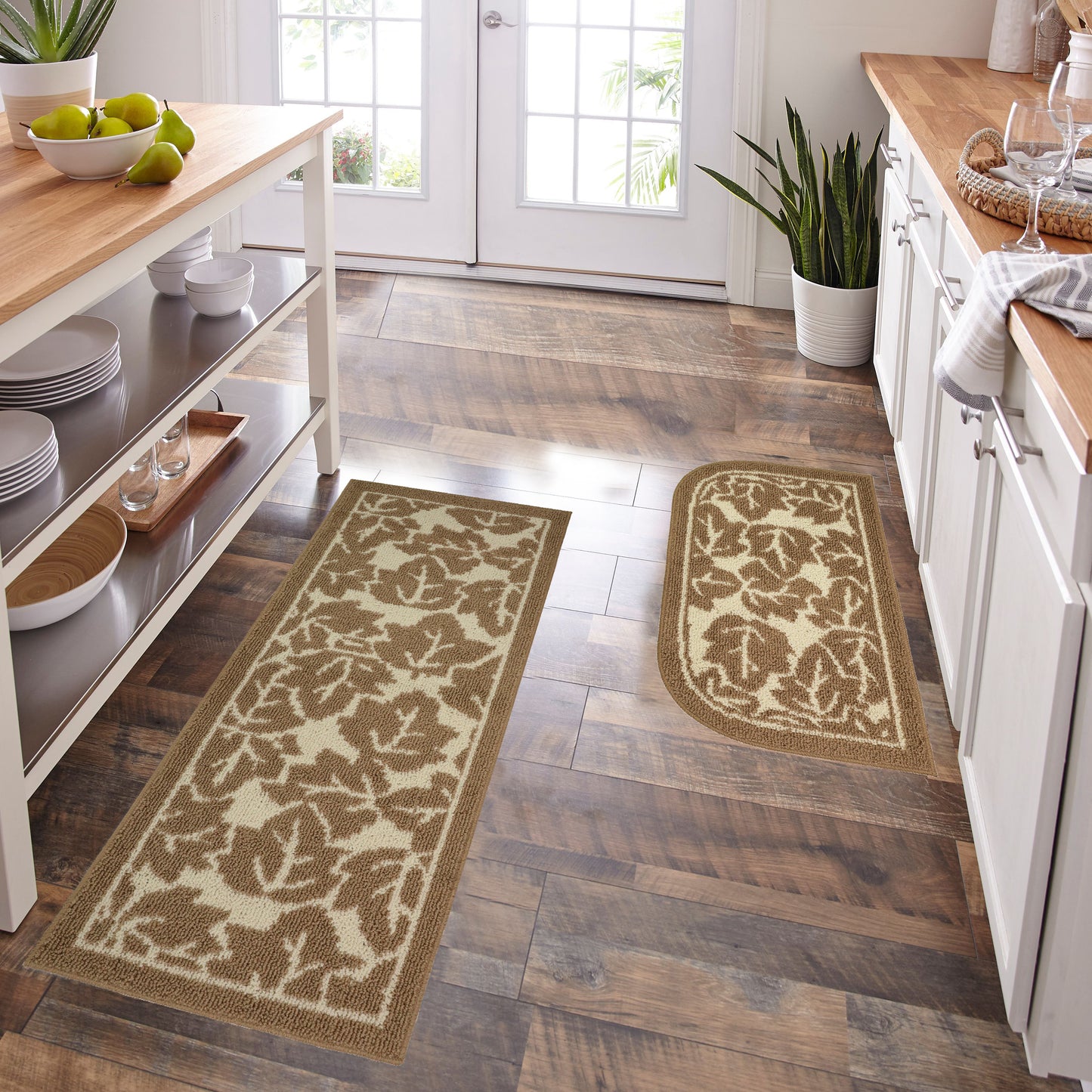Decor Non-Slip Back Water Absorbent Soft Woven Runner Area Carpet Floor Mat Indoor Kitchen Rug, Taupe Maple Leaves Design