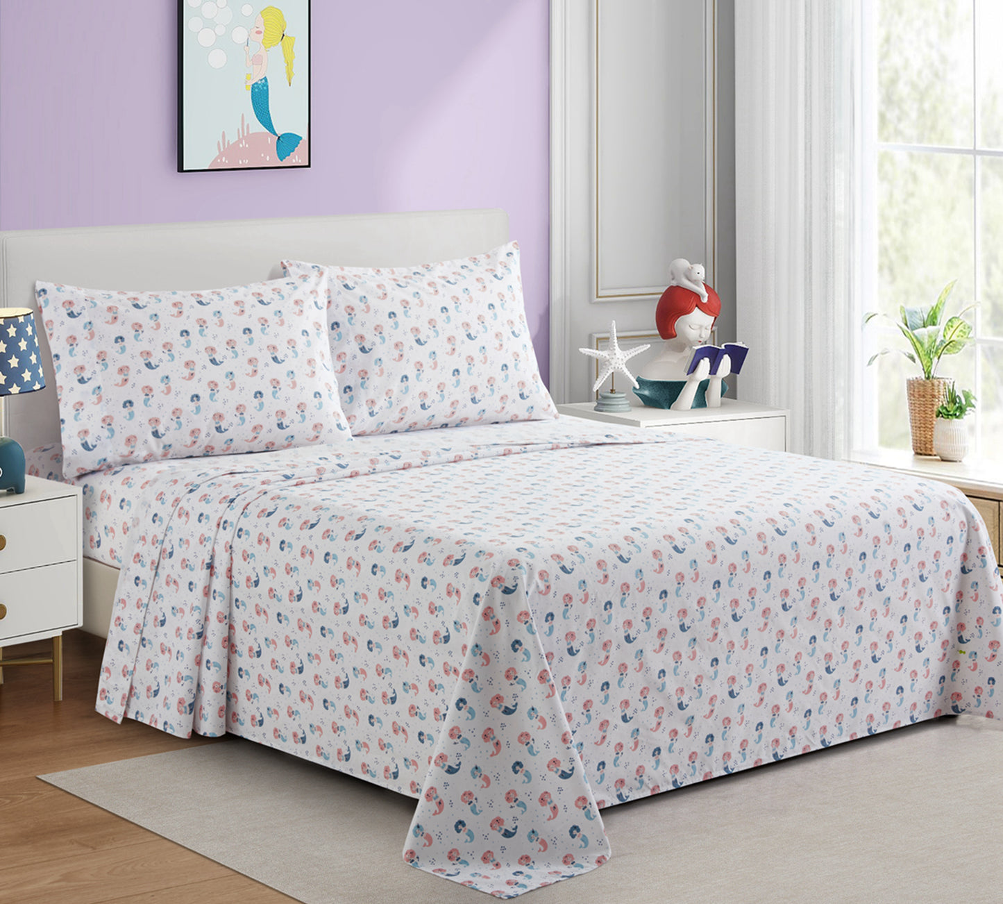 Kids Girls Toddlers Printed 600 Thread Count Soft Deep Pocket Cotton Percale All Season Bedding Sheet Set, Cartoon Mermaid