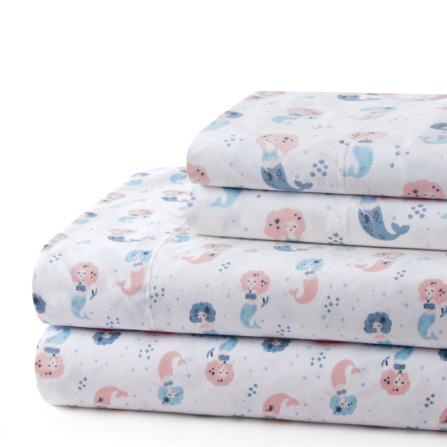 Kids Girls Toddlers Printed 600 Thread Count Soft Deep Pocket Cotton Percale All Season Bedding Sheet Set, Cartoon Mermaid