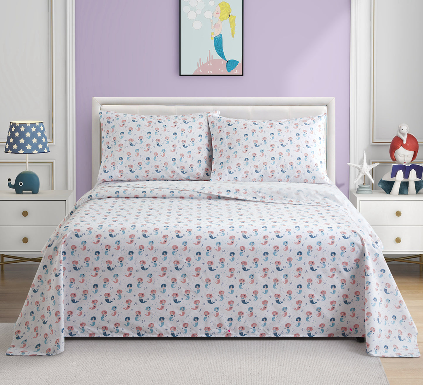 Kids Girls Toddlers Printed 600 Thread Count Soft Deep Pocket Cotton Percale All Season Bedding Sheet Set, Cartoon Mermaid