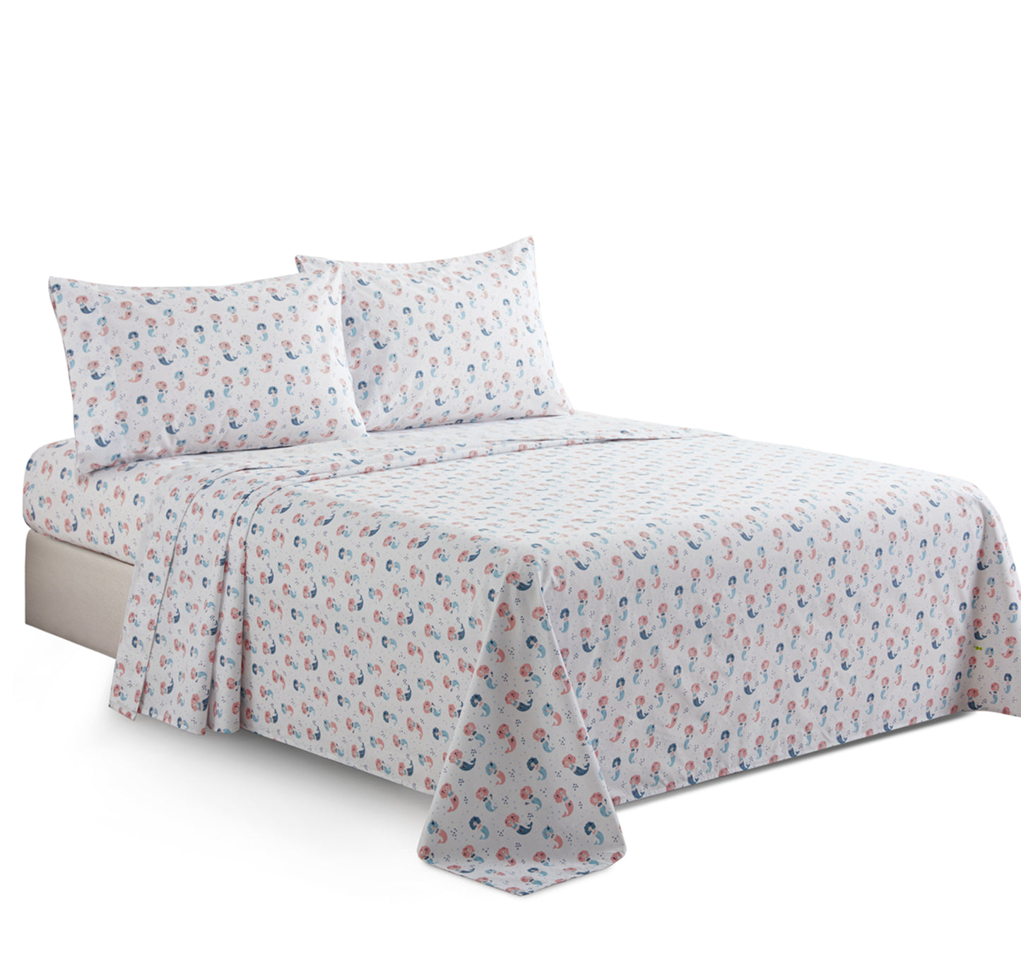 Kids Girls Toddlers Printed 600 Thread Count Soft Deep Pocket Cotton Percale All Season Bedding Sheet Set, Cartoon Mermaid