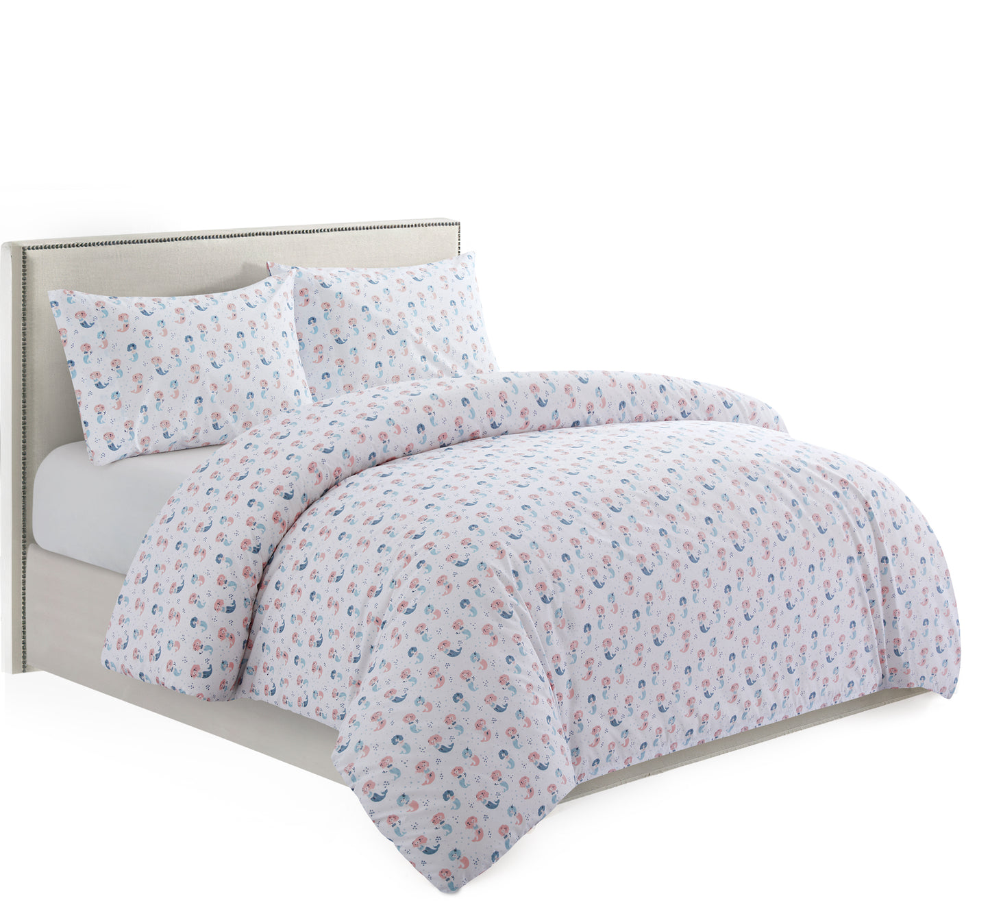 Kids Girls Printed 600 Thread Count Soft Cotton Percale Duvet Cover Set with Corner Tie and Zipper, Cartoon Mermaid