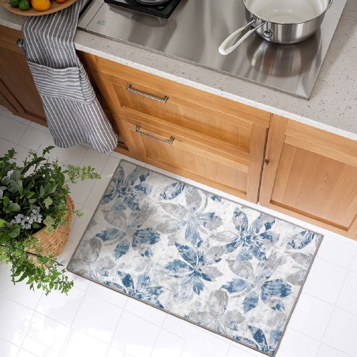 Decor Non-Slip Back Soft Runner Area Carpet Floor Area Rug Indoor Accent Decorative Mat, Blue Grey Floral