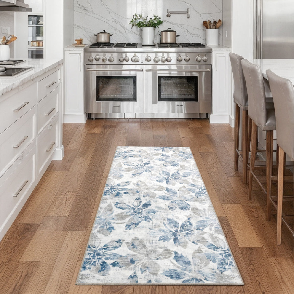 Decor Non-Slip Back Soft Runner Area Carpet Floor Area Rug Indoor Accent Decorative Mat, Blue Grey Floral