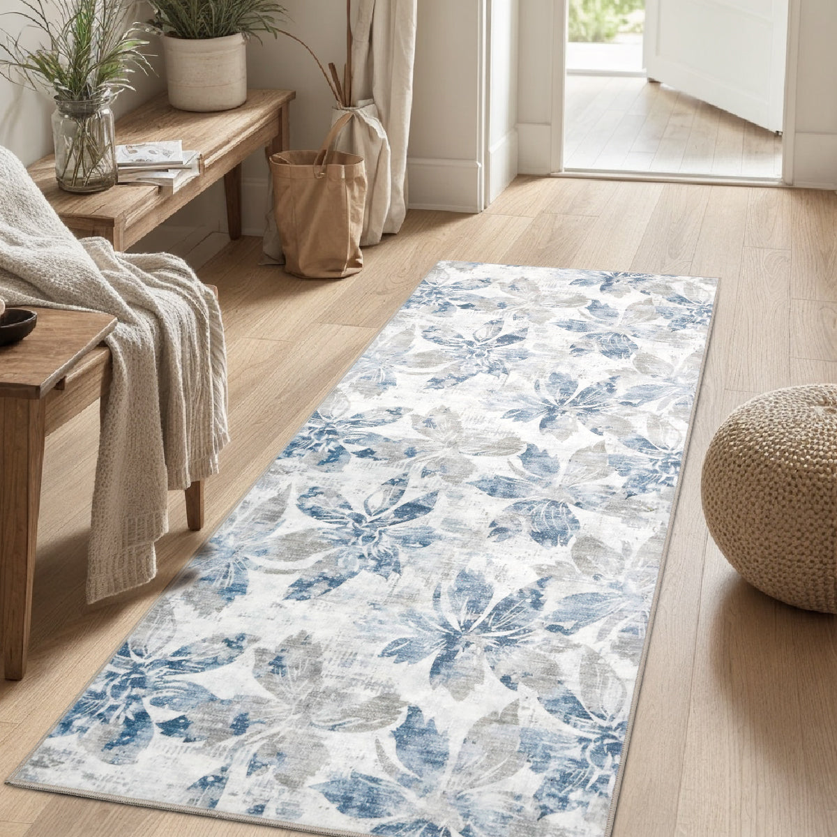 Decor Non-Slip Back Soft Runner Area Carpet Floor Area Rug Indoor Accent Decorative Mat, Blue Grey Floral