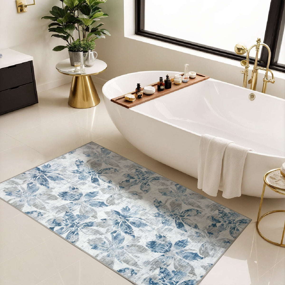 Decor Non-Slip Back Soft Runner Area Carpet Floor Area Rug Indoor Accent Decorative Mat, Blue Grey Floral