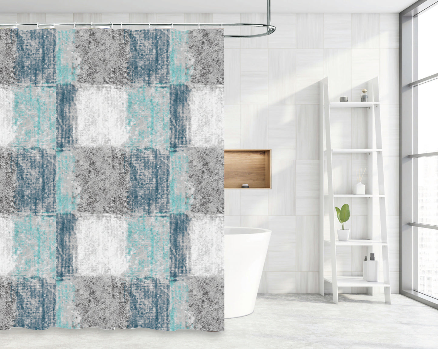 Waterproof Decor Printed Shower Curtain with Roller Hooks, Modern Abstract Pattern