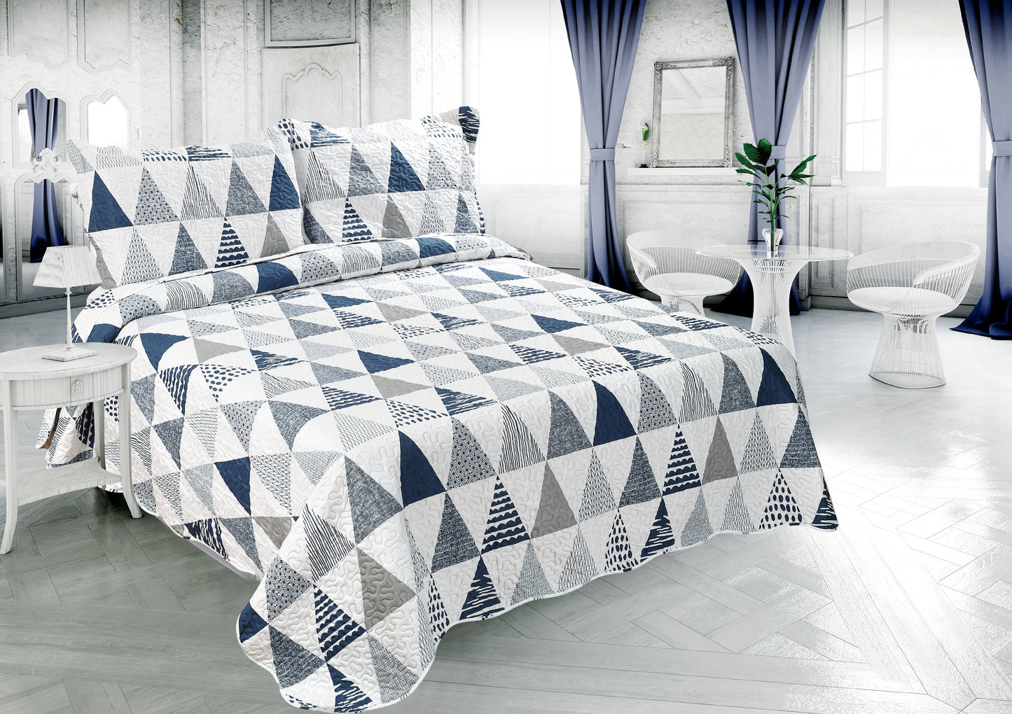 Printed Embossed Pinsonic Soft Bedding Summer Quilt Set, Modern Geometric Triangle