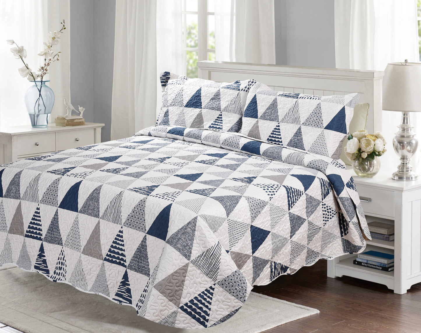 Printed Embossed Pinsonic Soft Bedding Summer Quilt Set, Modern Geometric Triangle