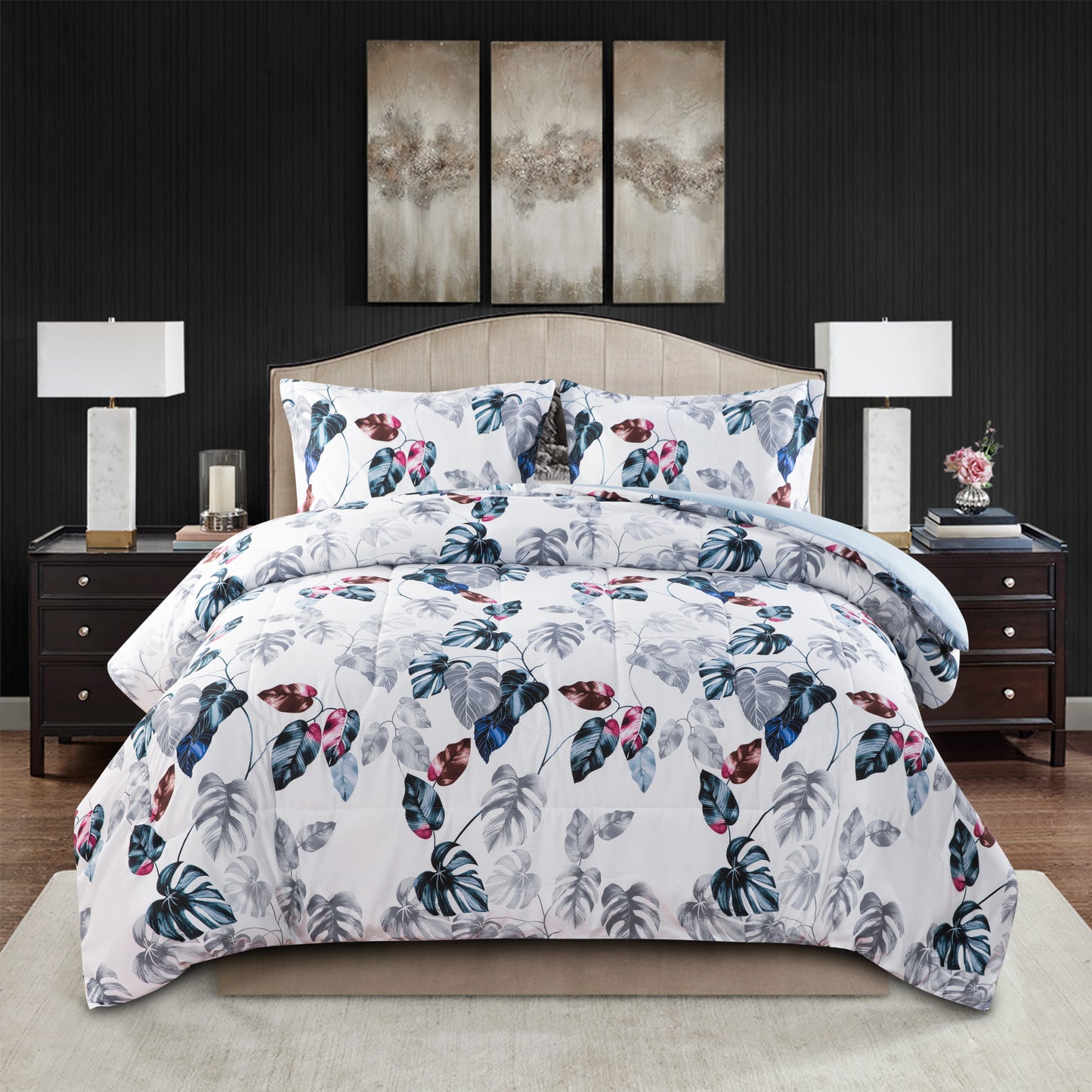 Home Decor Soft Luxury Fluffy Goose Down Alternative Bedding Printed Comforter Set, Modern Green Leaves