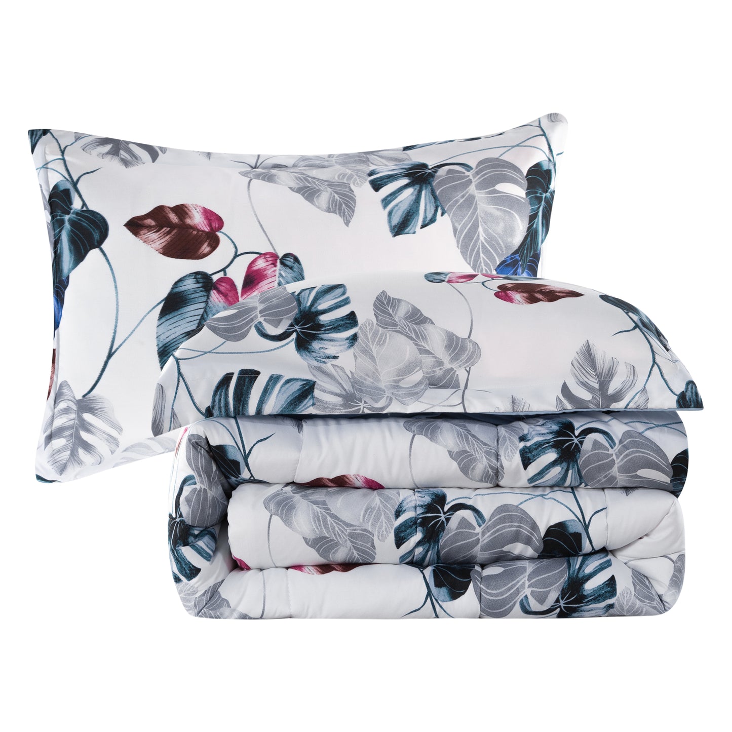 Home Decor Soft Luxury Fluffy Goose Down Alternative Bedding Printed Comforter Set, Modern Green Leaves